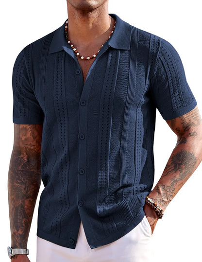 COOFANDY Men'S Knit Shirts Short Sleeve Button down Polo Shirt Fashion Casual Summer Beach Shirts Menswear Top